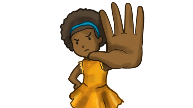  Capa do livro 'Eu Me Protejo' - Menina negra com mão grande espalmada à frentesky bet netsinalsky bet netpare, expressão zangada e vestido amarelo