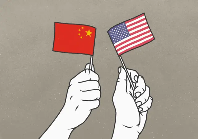 Ilustração mostra uma mão segurando bandeira dos EUA, e outra da China