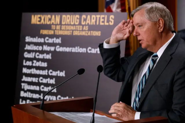 El senador Lindsay Graham junto a una pancarta que nombra a carteles mexicanos