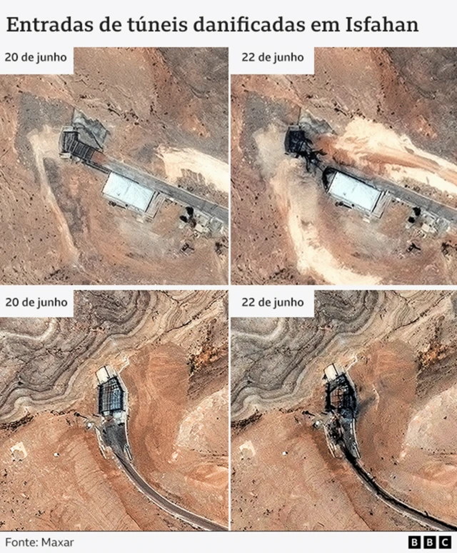 Quatro imagens de satélite da Maxar mostram a instalação nuclear de Isfahan, entre 20 de junho e 22 de junho de 2025