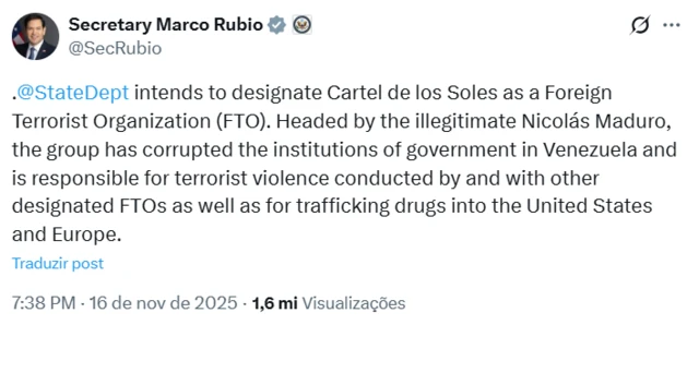 Captura de tela de postagem de Marco Rubio no X anunciando que seu país designará o Cartel de los Soles como uma Organização Terrorista Estrangeira e se referindo ao "ilegítimo" Nicolás Maduro como líder da organização.