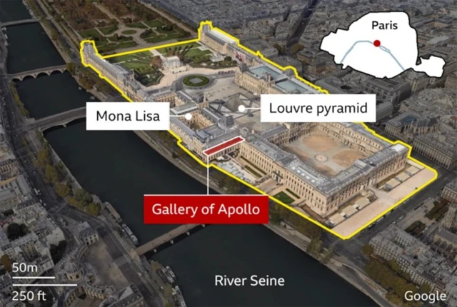 Plan du musée du Louvre indiquant l'emplacement de la Joconde et de la galerie Apollon