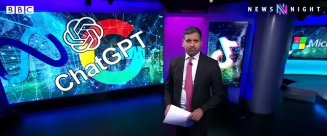 พิธีกรรายการบีบีซี นิวส์ไนท์ เมื่อวันที่ 6 ก.พ. ที่ผ่านมา พิธิกรใช้ลองใช้ ChatGPT เขียนสคริปต์เปิดรายการ