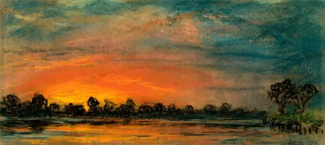 Matahari terbenam di Chelsea, UK, pada 14 Juli 1886, lebih terang dari biasanya yang merupakan efek meteorologi dari letusan Krakatau pada 1883. Sketsa karya William Ascroft.