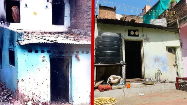 2002નાં રમખાણોમાં મિલુબહેનનું ઘર બાળી નખાયું હતું (ડાબે) બાદમાં તેમનો પરિવાર ત્યાં (જમણે) પાછો ફર્યો હતો