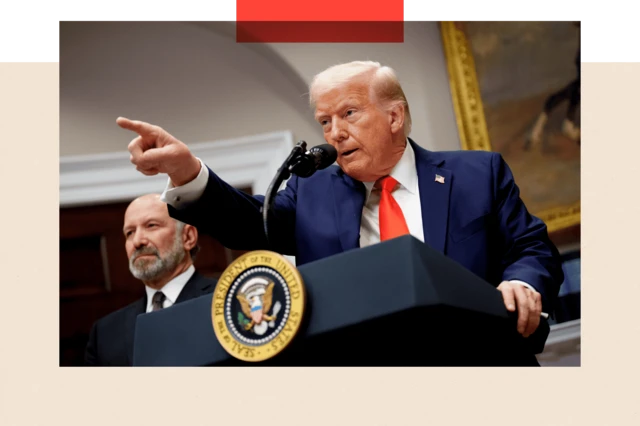 Donald Trump takes a question from a reporter in the Roosevelt Room of the White House on 3 March 2025 in Washington DC.