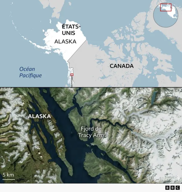 Carte des États-Unis et du Canada montrant l'emplacement du fjord de Tracy Arm dans le sud-est de l'Alaska.