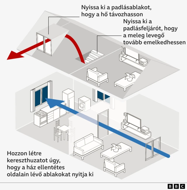 Egy illusztráció, ami bemutatja, hogyan hozható létre keresztirányú légáramlás a ház ellentétes oldalain lévő ablakok kinyitásával, valamint hogyan lehet a meleg levegőt kiengedni a padlásfeljáró vagy a padlásablak megnyitásával.
