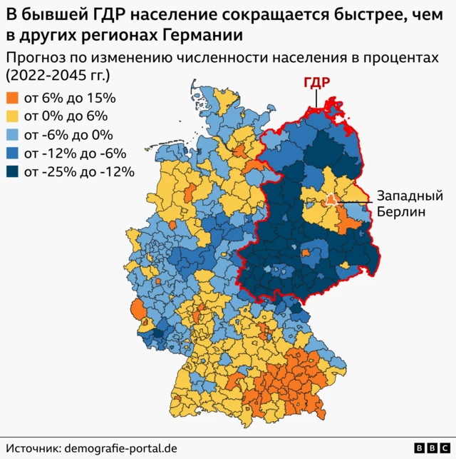 Графика: районы Германии, выделенные разным цветом в зависимости от того, сокращается в них население или растет