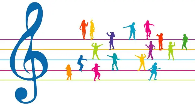 Pentagrama colorido con clave y gente en vez de notas