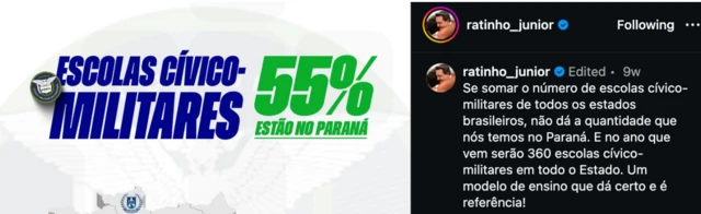 Publicação do governador Ratinho Júnior no Instagram destaca escolas cívico-militares no Paraná
