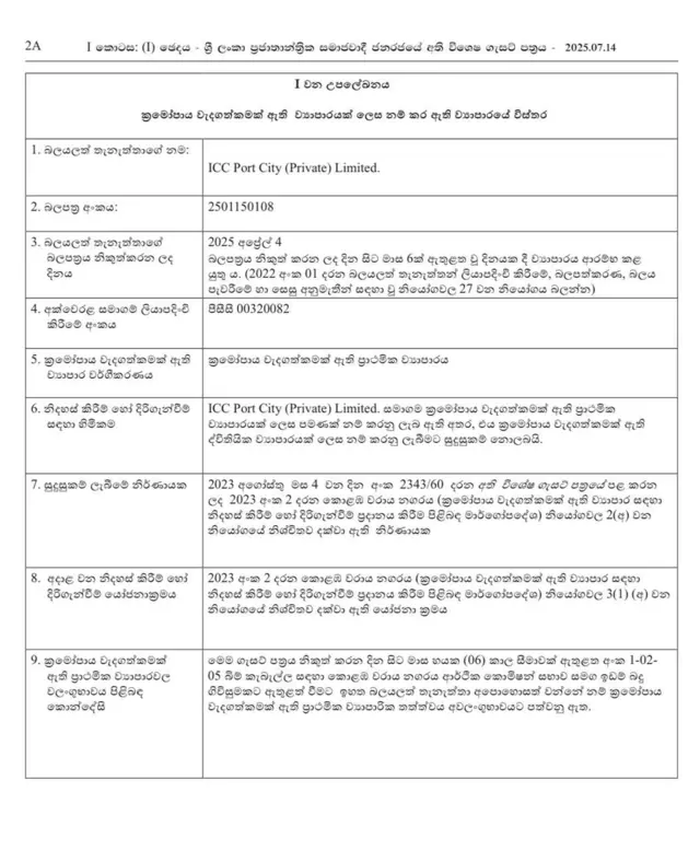 මෙම ව්‍යාපෘතිය සඳහා දේශිය ආදයම් පනත යටතට ගැනෙන බදු සඳහා 2025 ජූලි 14 වැනිදා සිට 2060 ජූලි 13 වැනිදා දක්වා බදු නිදහසක් සහ දිරිගැන්වීමක් ලබා දී ඇත.