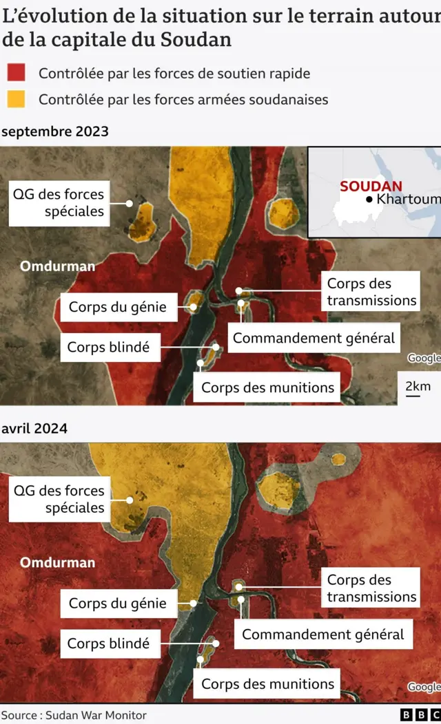 Carte montrant l'évolution de la situation sur le terrain autour de la capitale du Soudan, de septembre 2023 à avril 2024