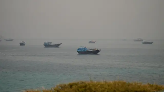 Суда на якоре в море, вид с берега, горизонт теряется в дымке.