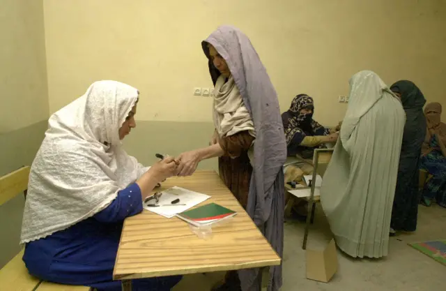  আফগানিস্তানের প্রেসিডেন্ট নির্বাচনে ভোটারদের আঙুলে কালির দাগ দেওয়া হচ্ছে। ২০০৪