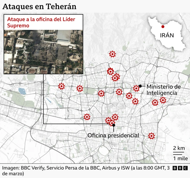Mapa que muestra los ataques en Teherán