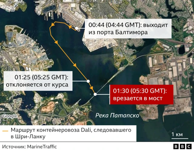 На спутниковом снимке показан маршрут контейнеровоза