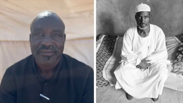 Mohammed Abbaker Adam, avec une moustache et portant un t-shirt sur l'image de gauche, et avec une barbe, un bonnet blanc et une longue tenue blanche sur l'image de droite