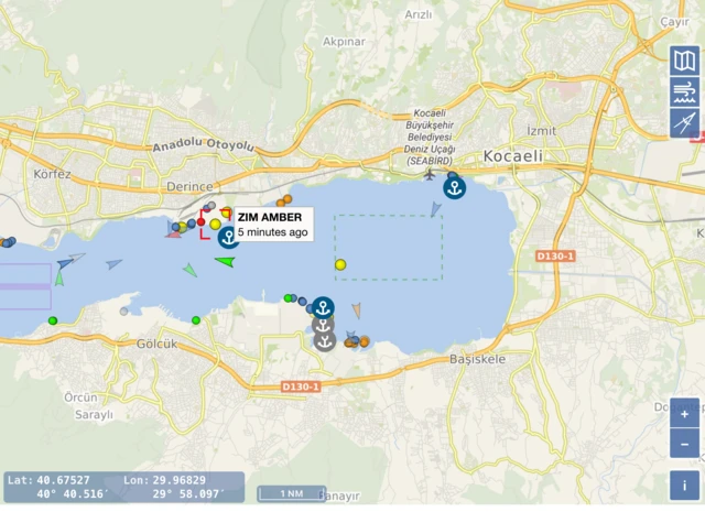 Vessel Finder sitesinde, 28 Kasım'da ZIM AMBER gemisini, Kocaeli'deki Derince limanında gösteren ekran görüntüsü 
