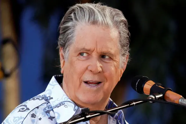 Brian Wilson is positioned behind a microphone stand, wearing a light-coloured shirt with a bold paisley pattern in shades of blue and gray. The microphone has a black foam cover and a wooden accent near the mount. The background is softly blurred with dark green and blue tones, suggesting an outdoor or stage setting with natural or ambient lighting.