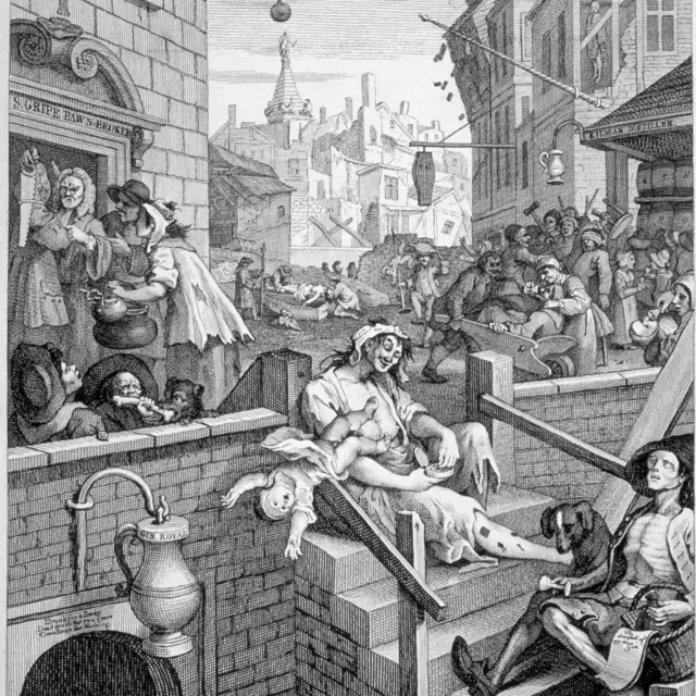'Gin Lane' - czarnobiała rycina autorstwa Williama Hogartha
