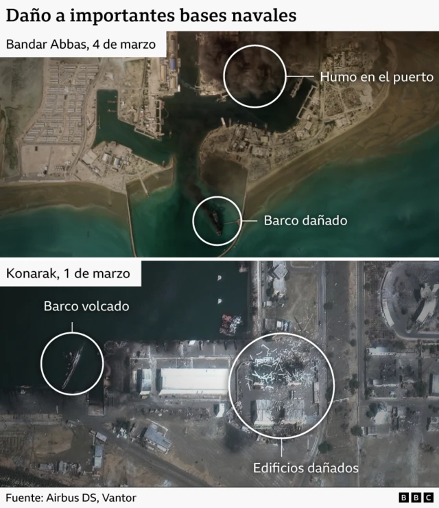 Una imagen de satélite que muestra los daños en las bases navales de Bandar Abbas y Konarak.