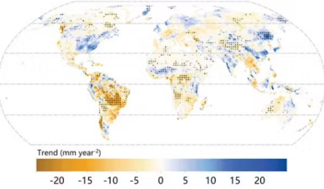 แผนที่แสดงแนวโน้มของปริมาณน้ำที่ใช้อุปโภคบริโภคได้ ว่ามีเพิ่มขึ้นหรือลดลงตลอด 20 ปีที่ผ่านมา ในแต่ละภูมิภาคของโลก