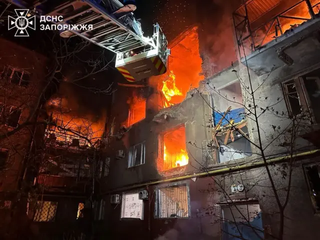 будинок палає, перед ним драбина рятувальників