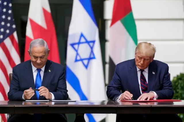 President Donald J. Trump and Israeli Prime Minister Benjamin Netanyahu sign the Abraham Accord during a ceremony at the White House on Tuesday, September 15, 2020 in Washington, DC. Trump is presiding over the agreement