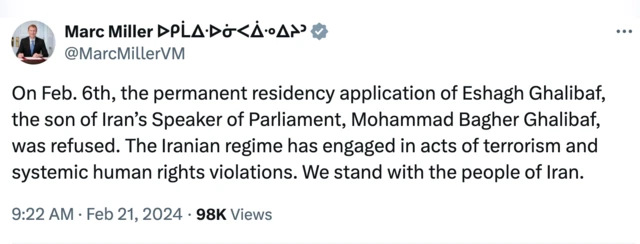 تصویر توییت وزیر مهاجرت کانادا