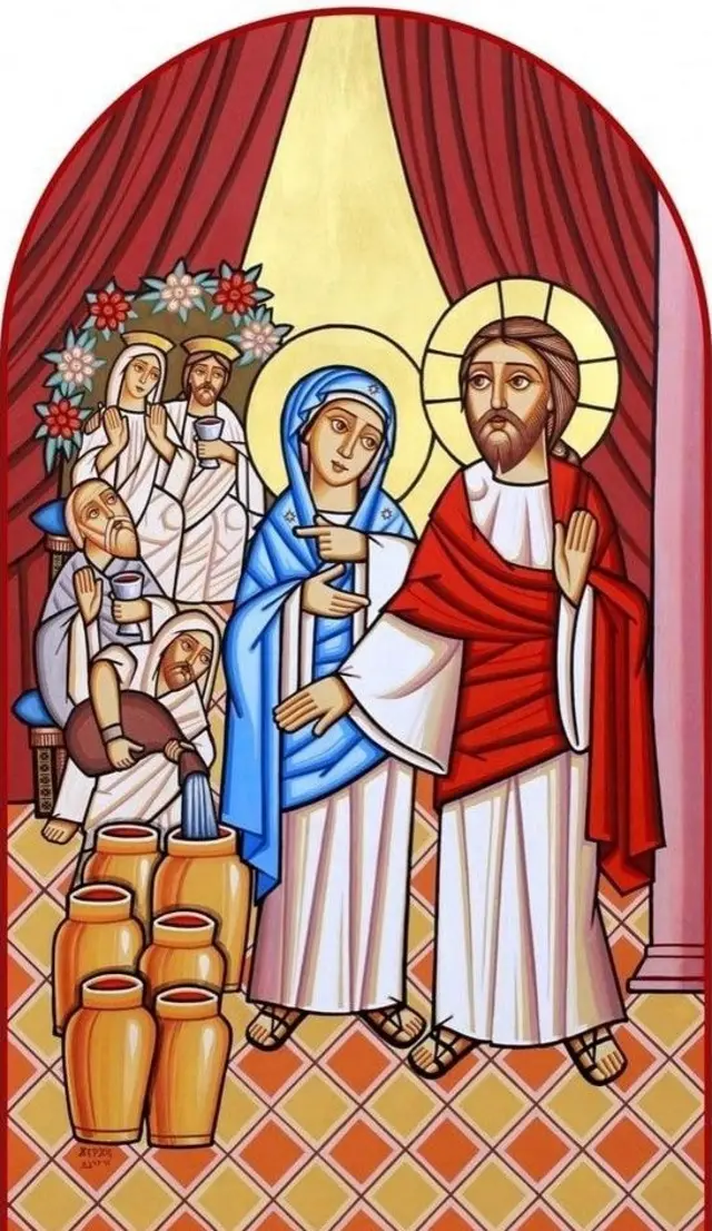 أيقونة قبطية تمثل معجزة عرس قانا الجليل ويظهر السيد المسيح واقفا وإلى يمينه القديسة العذراء مريم
