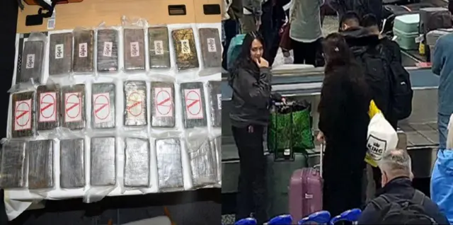 تصویر کے بائیں جانب برمنگھم ایئر پورٹ کا منظر جہاں اس گینگ کے ممبر کوکین سے بھرے بیگ لے جا رہے ہیں