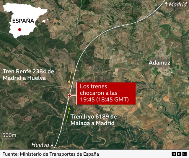 Un mapa que muestra dónde ocurrió el accidente de los trenes en España
