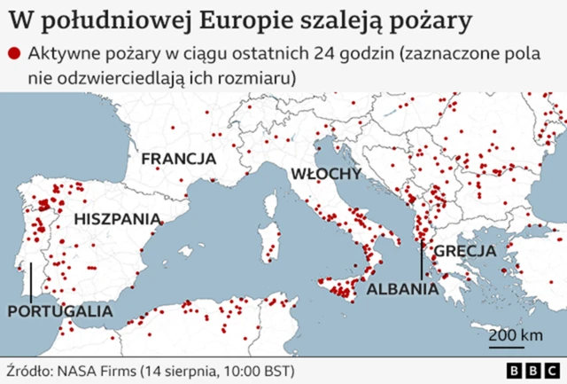 Mapa przedstawiająca aktywne pożary w południowej Europie 