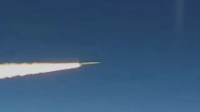  In this 2018 photo made from footage taken from the Russian Defense Ministry's official website, a Russian Kinzhal hypersonic missile flies during a test in southern Russia