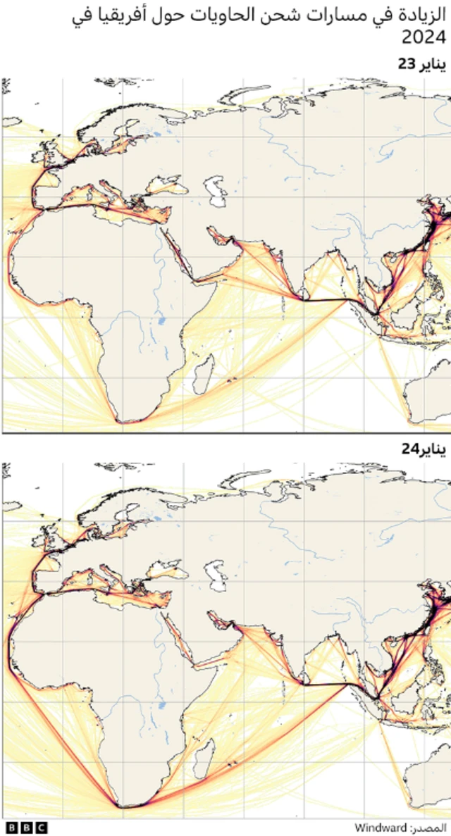 خريطة توضيحية لمدى ارتفاع حركة مرور السفن حول أفريقيا 