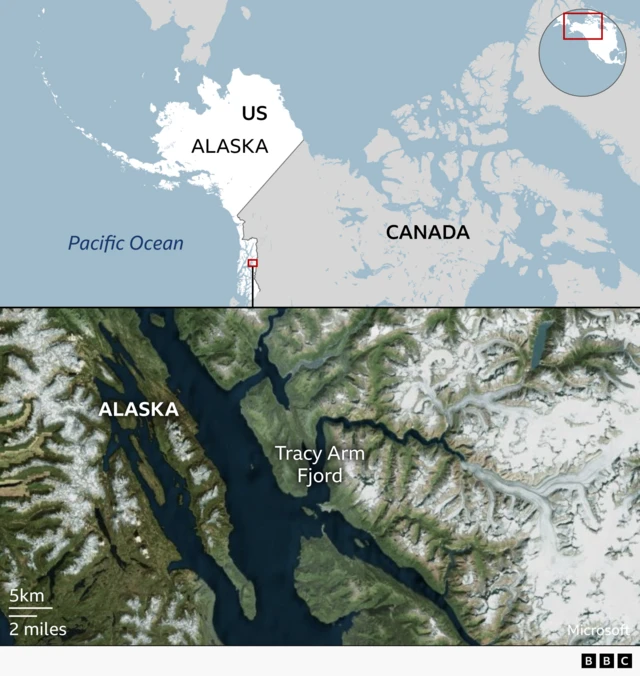 Map of the US and Canada showing the location of Tracy Arm Fjord in south east Alaska