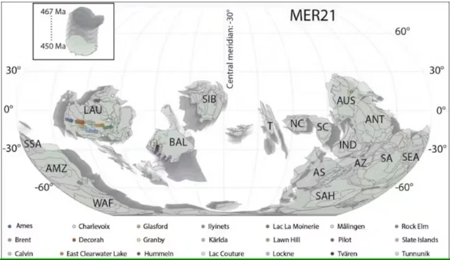 Mapa da Terra durante o Ordoviciano com crateras marcadas como pontos coloridos