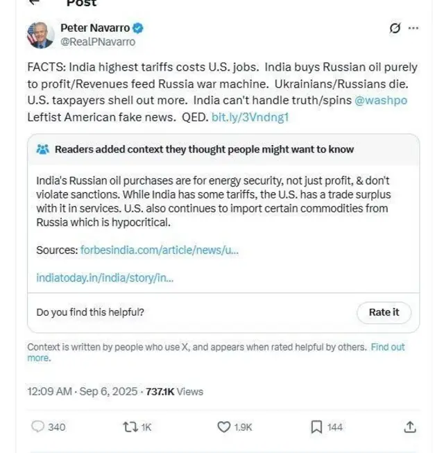 पीटर नवारो यांच्या या पोस्टवर कम्युनिटी नोट लावण्यात आली होती, जरी काही काळानंतर काढून टाकण्यात आली.