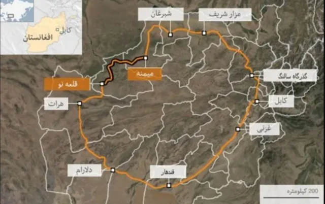 نقشه افغانستان که جاده حلقوی به رنگ زرد مشخص شد است