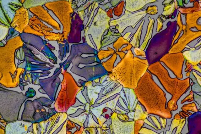 स्फोटकं बनवण्यासाठी पिक्रिड ॲसिड वापरलं जातं. या सूक्ष्मदर्शकातून एका विशिष्ट प्रकाशात दिसणारं या ॲसिडचं सूक्ष्मरूप या फोटोत दाखवलं आहे.