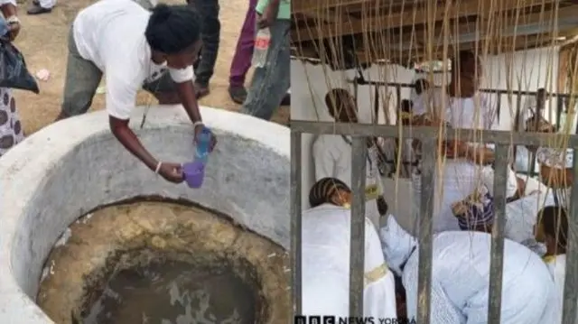 Awọn onisẹse n se etutu ninu ile Imọlẹ̀, wọn wọn asọ funfun, ti mariwo si wa ni ẹnu ọna abawọle sile orisa kan.