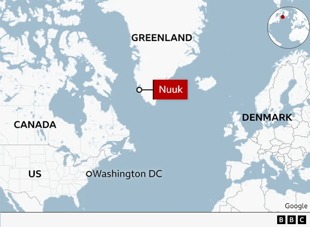 BBC made map showing the location of the US to Greenland and Denmark