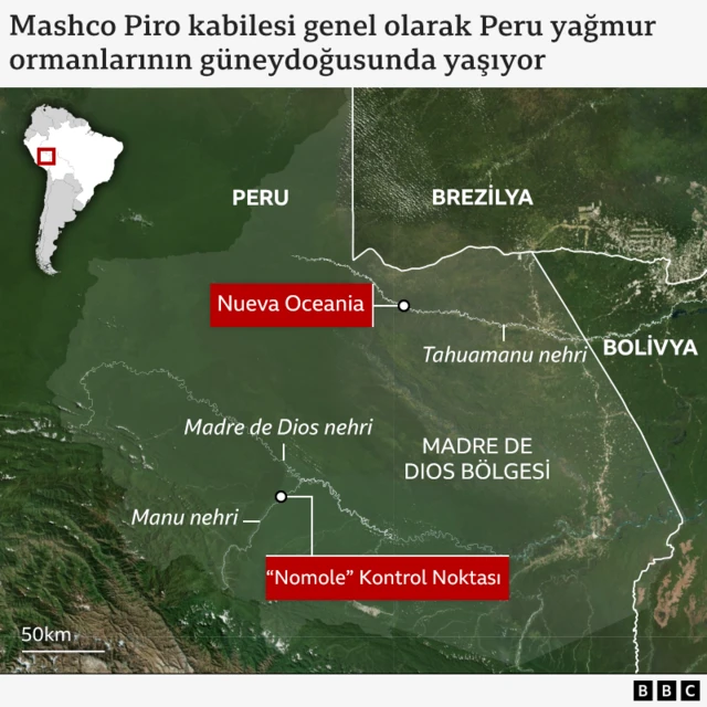 Peru'nun güneydoğusunu ve çevre ülkeleri gösteren bir harita 