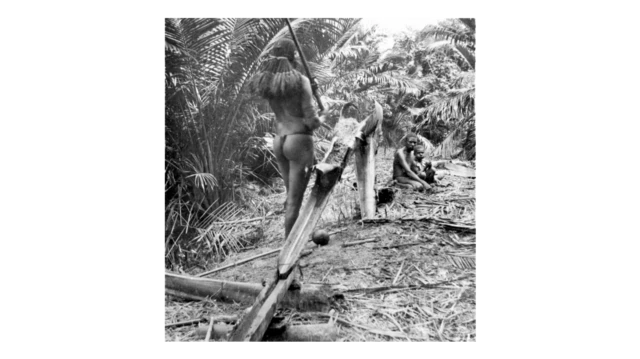 Foto hitam putih seorang perempuan Papua sedang mencuci sagu.
