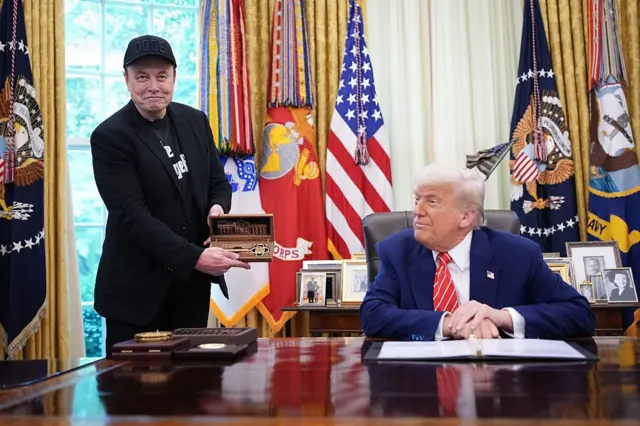 Elon Musk de pé sorrindo apontando para Donald Trump que está sentado, durante reunião no Salão Oval da Casa Branca
