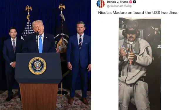 Foto Onyeisiala Trump na ụfọdụ ndị ọrụ gọọmenti oge ọ na-agwa ndị ntaakụkọ okwu banyere mwakpo Amerịka mere na Venezuela ma nwụchie Maduro na nwunye ya n’ụbọchị Satọde 3 Jenụwarị, 2026 nakwa foto ebe e kechiri Maduro dịka ọ nọ n'ụgbọelu USS Iwo Jima mba Amerịka