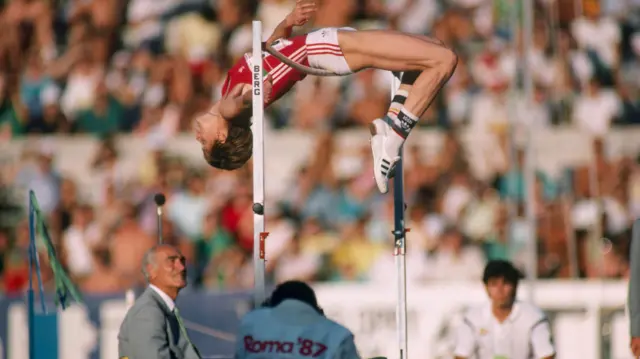 Stefka Kostadinova from Bulgaria during the women's high jump at the 1987 World Championships. During this event she set the world record with 2.09 m. 