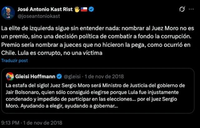 Publicação no X de José Antonio Kast, em espanhol