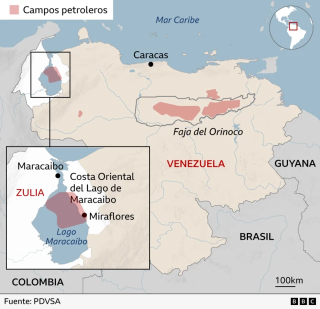 Mapa que muestra el Lago de Maracaibo en el noreste de Venezuela, junto al mar Caribe. Las reservas de petróleo están marcadas debajo del lago y en la Faja Petrolífera del Orinoco, al este de Venezuela. El estado Zulia se muestra rodeando la mayor parte del lago. También se indican los países vecinos: Guyana al este, Brasil al sur y Colombia al oeste.